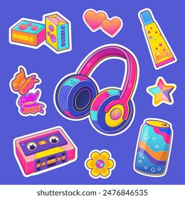 Colorful vector collection of y2k stickers. Retro 90s pop culture items like headphones, cassette tape, bubble gum, and soda can