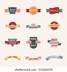 Colorful vector commercial stamps set isolated. Illustration for business and design. Vintage retro style badge.