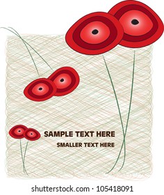colorful vector complimentary card with red poppy flowers in bloom and place for your text isolated on grungy structure background