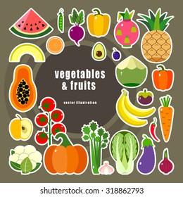 Colorful vector composition of fruits and vegetables on white background. Flat design, white outlines