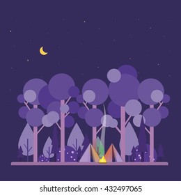 Colorful vector concept with camping scene. Night landscape with tent, forest, fire, sparks, starry sky. Flat style. Design illustration. Perfect for website banners, flyer, poster.