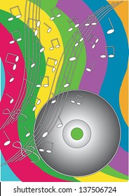 colorful vector concept with cd disc and notes isolated on funny waves background