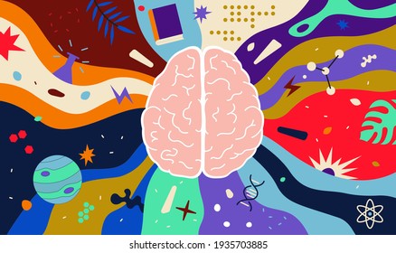 Colorful Vector Concept of Сerebral Hemispheres. Infinite potential of the Human Brain. Science, Creativity and Education