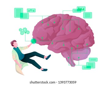 Colorful vector concept of the scientist, dealing with artificial intelligence, big data, cyber mind, machine learning, digital brain, cyberbrain.
