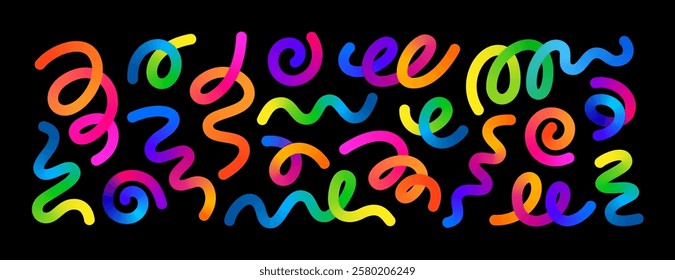 Colorful Vector Confetti. Abstract Background with Gradient Lines. 3D Celebration Ribbon. Color Birthday and Carnival Elements. Illustration of Rainbow Firecracker, Surprise Gift and Spiral Serpentine