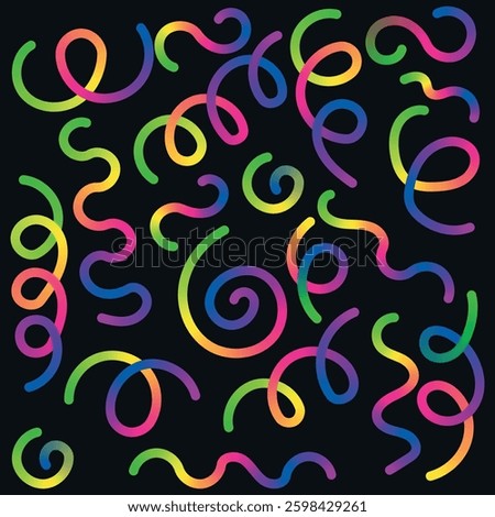 Colorful Vector Confetti. Abstract Background with Gradient Lines. 3D Celebration Ribbon. Color Birthday and Carnival Elements. Illustration of Rainbow Firecracker, Surprise Gift and Spiral Serpentine