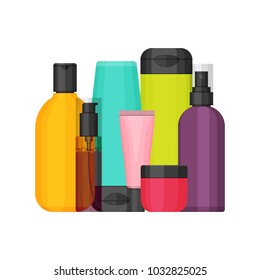 Colorful vector cosmetic bottles set for beauty and cleanser, skin and body care, toiletres. Flat design on a white background. Cream, tooth paste, shampoo, gel, spray, tube and dispenser