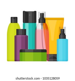 Colorful vector cosmetic bottles set for beauty and cleanser, skin and body care, toiletres. Flat design on a white background. Cream, tooth paste, shampoo, gel, spray and tube