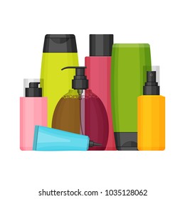 Colorful vector cosmetic bottles set for beauty and cleanser, skin and body care, toiletres. Flat design on a white background. Cream, tooth paste, shampoo, gel, spray, tube and soap
