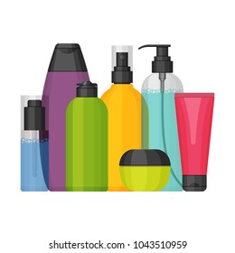 Colorful vector cosmetic bottles set for beauty and cleanser, skin and body care, toiletres. Flat design on a white background. Cream, tooth paste, shampoo, gel, spray, tube
