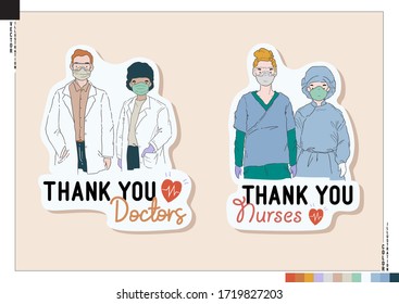 Colorful vector of Covid-19 Medical staff. Thank you doctors and nurses stickers. Cartoon style illustration for print, web, online scrapbook, diary.etc.