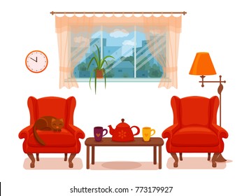 Colorful vector cozy interior illustration in cartoon flat style. Window with curtains, armchair, floor lamp, cat, cup,  teapot, table, potted plant. Home inside living room design element