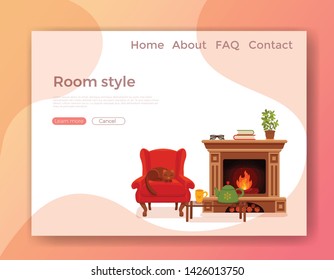 Colorful vector cozy interior warm bright winter illustration in cartoon flat style. Fireplace, armchair, floor lamp, cat, cup,  teapot, table, potted plant. Home inside living room design element