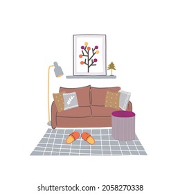 Colorful vector cozy interior warm bright winter illustration in cartoon flat style.  Home inside living room design element. 