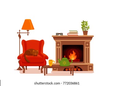 Colorful vector cozy interior warm bright winter illustration in cartoon flat style. Fireplace, armchair, floor lamp, cat, cup,  teapot, table, potted plant. Home inside living room design element