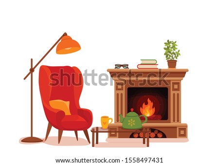 Colorful vector cozy interior warm bright winter illustration in cartoon flat style. Fireplace, armchair, floor lamp, cat, cup,  teapot, table, potted plant. Home inside living room design element