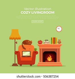 Colorful vector cozy warm  bright winter interior illustration in cartoon flat style. Fireplace, armchair, lamp, cat, laptop, tea.