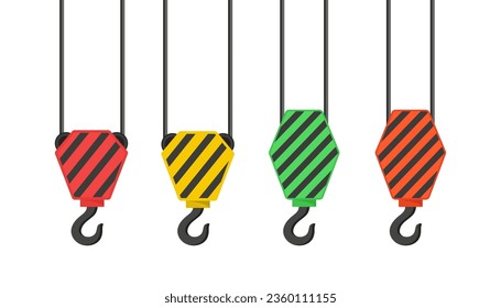 Coloridos ganchos de grúas vectoriales. Juego de ganchos de grúa. Aislado sobre fondo blanco. Ilustración vectorial. Diseño plano.	