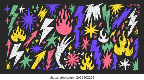Colorful Vector Crayon Illustration Featuring Flames, Stars, And Lightning Bolts