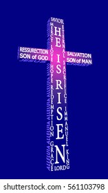 A colorful vector cross illustration made of religious words, representing Jesus resurrection on Easter Sunday, on a dark blue background.  