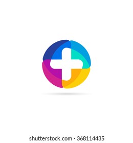  Colorful vector cross logo. Round medical icon. Religious sign. Doctor's office emblem. Ambulance label. First aid symbol. Plus button. 