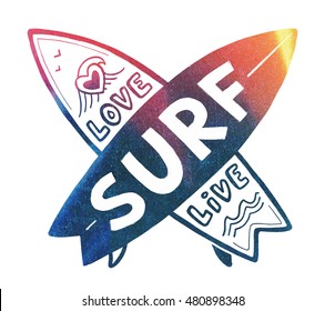 Colorful vector crossing surfing boards with hand drawn sign Love, Live, SURF