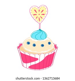 Colorful vector cupcake. Muffin, bakery, pastry. Bright illustration, sketch. Holiday, celebration, wedding theme. With love