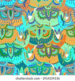 Vector colorido decorativo abstracto de ornamento floral geométrico abstracto, sin fisuras en turquesa y naranja. El diseño es perfecto para textiles, decoración doméstica, moda femenina, sábanas, fondos, decoración