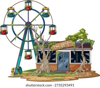 Colorful vector of deserted amusement park cafe with overgrown trees, moss, and broken windows