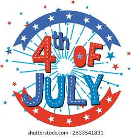 Colorful vector design celebrating Independence Day with stars, stripes, and bold typography in red, white, and blue