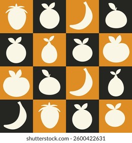 Colorful vector design featuring a fruit pattern with bananas, oranges, and more in a checkerboard layout