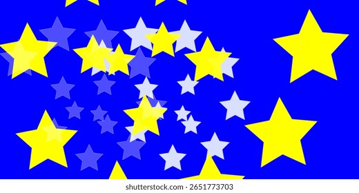 A colorful vector design featuring layered yellow and white stars on a bright blue background. The composition creates a playful and dynamic effect, 