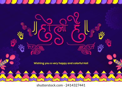 Colorful vector design for Holi festival. Colorful gulal pichkari festival elements with Hindi text means It's Holi Festival of Colors.