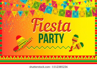 Colorful vector design of invitation card calling to Fiesta party in ethnic vivid style on yellow background