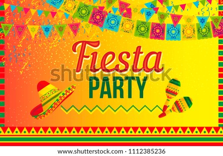 Colorful vector design of invitation card calling to Fiesta party in ethnic vivid style on yellow background