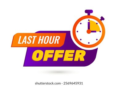 Colorful vector design of Last Hour Offer text with a stopwatch icon. Purple and orange color scheme on a white background. Concept of urgency and sales. Vector illustration