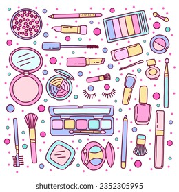 Colorful vector design of makeup theme with girlish cosmetics and fashionable objects. 
