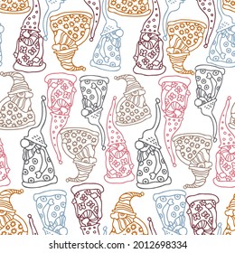 Colorful vector design seamless illustration pattern of lined silhouettes of gnomes in pastel tones. The design is perfect for decorations, stationery, textiles, children clothing