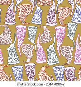 Diseño vectorial colorido, patrón de ilustración sin fisuras de siluetas forradas de gnomos en tonos pastel. El diseño es perfecto para decoraciones, papelería, textiles, ropa infantil