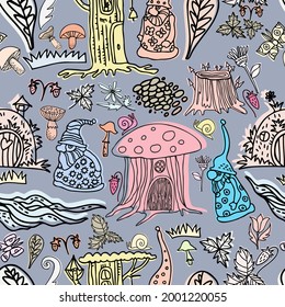 Colorful vector design seamless lined illustration pattern of forest with gnomes, houses, mushrooms, berries. The design is perfect for decorations, stationery, textiles, children clothing