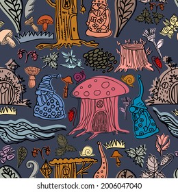 Colorful vector design seamless lined illustration pattern of forest with gnomes, houses, mushrooms, berries. The design is perfect for decorations, stationery, textiles, children clothing
