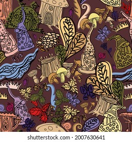 Farbiges Vektordesign, nahtlos gesäumte Illustrationsmuster des Waldes mit Zwergen, Häusern, Pilzen, Beeren. Das Design ist perfekt für Dekorationen, Schreibwaren, Textilien, Kinderbekleidung