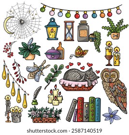 Colorful vector design set with cozy mystical boho objects, witchcraft symbols and floral elements. Hand drawn doodle illustrations isolated on white. Wiccan items for magic rituals. 