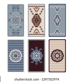 Colorful vector design for Tarot, playing cards, poker cards, reverse side. Geometric ornamental pattern, background. Abstract rectangular template