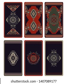 Colorful vector design for Tarot, playing cards, poker cards, reverse side. Geometric ornamental pattern, background. Abstract rectangular template with central ornament