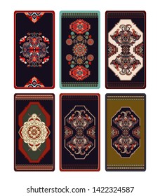 Colorful vector design for Tarot, playing cards, poker cards, reverse side. Geometric ornamental pattern, background. Abstract rectangular template with central ornament