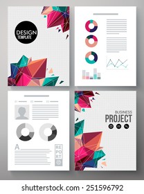 Colorful vector design template for a business project with geometric multicolored crystals or points, editable text copyspace, graphs and charts for statistics and analysis. Vector illustration.