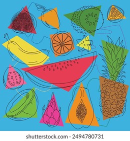 Colorful vector design of tropical fruit. Healthy summer nutritious diet. Passion fruit mango soursop pineapple papaya dragonfruit star fruit coconut guava banana fig. Line art on flat color shapes