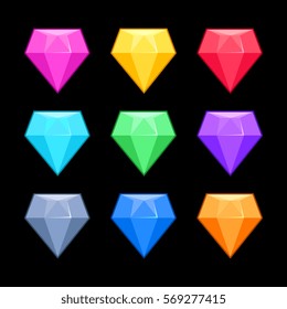 Colorful vector diamonds isolated over black, game elements. Collection of gem for interface game illustration