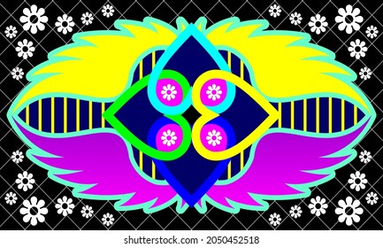 Colorful vector doodle art. illustration of four hearts and wings and flower ornament